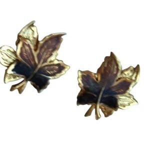 Maple Leaf Post Earrings Vintage Brown Enamel and Gold Color